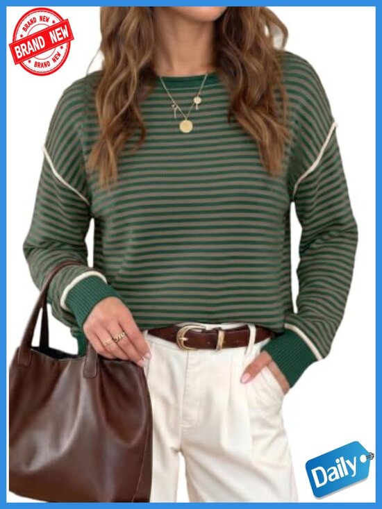 Sweaters - Oversized Striped Pullover Sweater with Ribbed Trim, Long Sleeve Crewneck Knit